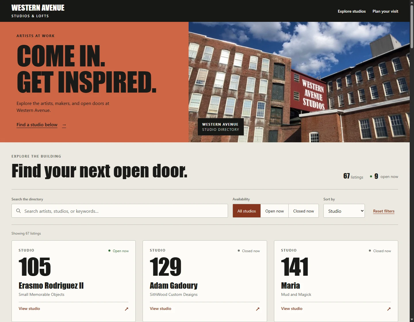 The updated Western Avenue Studios app with an orange introduction, building photography, and a searchable studio directory.
